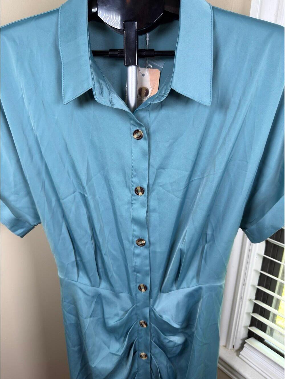 BTFBM Blue Satin Shirt Dress XL Button Front Ruched Midi Dress Tie Back NWT